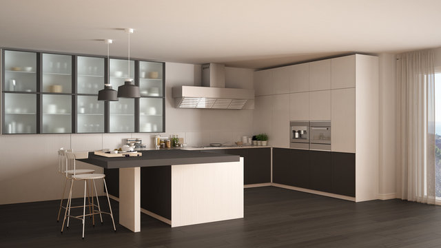 Classic minimal white and gray kitchen with parquet floor, modern interior design