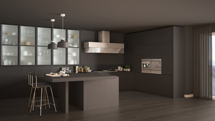 Classic minimal gray kitchen with parquet floor, modern interior design