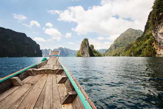 View from Long Tail Boat on Cheow Lan Lake in Thailand © Annatamila