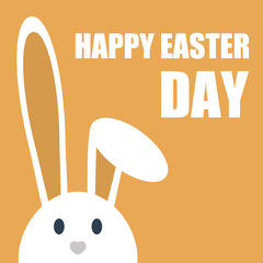 Cute happy easter day bunny in flat style on orange background.Happy easter day greeting card with funny cartoon rabbit character.