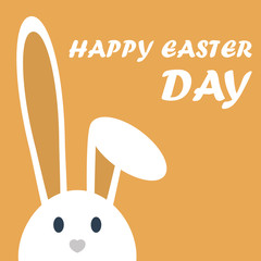 Cute happy easter day bunny in flat style on orange background.Happy easter day greeting card with funny cartoon rabbit character.