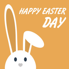 Cute happy easter day bunny in flat style on orange background.Happy easter day greeting card with funny cartoon rabbit character.