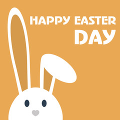 Cute happy easter day bunny in flat style on orange background.Happy easter day greeting card with funny cartoon rabbit character.