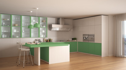 Classic minimal white and green kitchen with parquet floor, modern interior design
