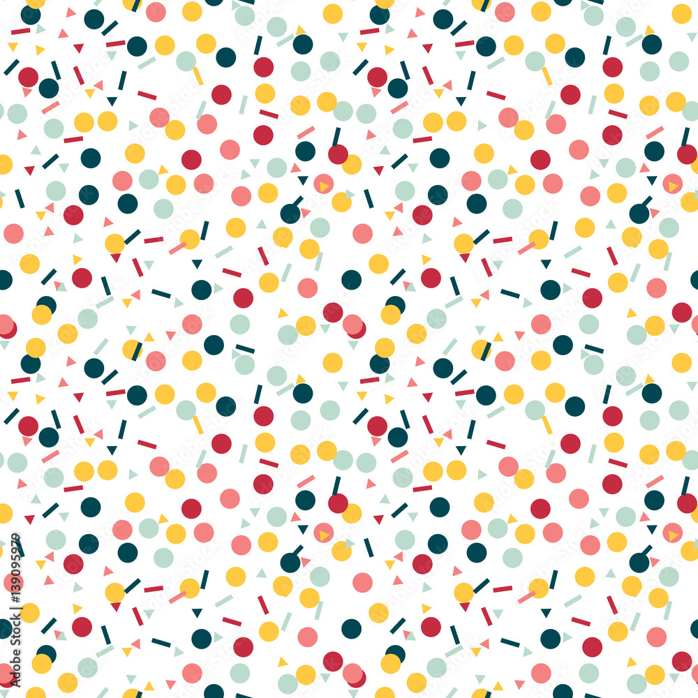 Poster Modern Abstract Vector Confetti Background. Seamless colorful  dots, triangles and stripes pattern.