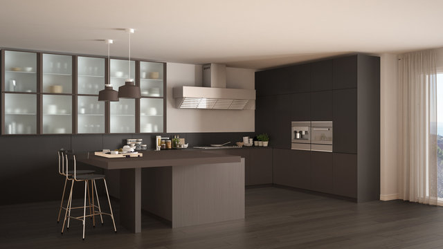 Classic minimal gray and brown kitchen with parquet floor, modern interior design