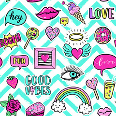 Vector seamless pattern with fashion fun patches: eyes, lip, star, strawberry, Good vibes speech bubble on stripe background. Pop art stickers, patches, pins, badges 80s-90s style