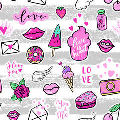 Vector seamless pattern with fashion fun patches: lip, star, strawberry, speech bubble on stripe background. Pop art stickers, patches, pins, badges 80s-90s style