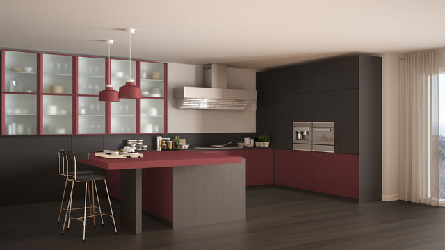 Classic minimal gray and red kitchen with parquet floor, modern interior design