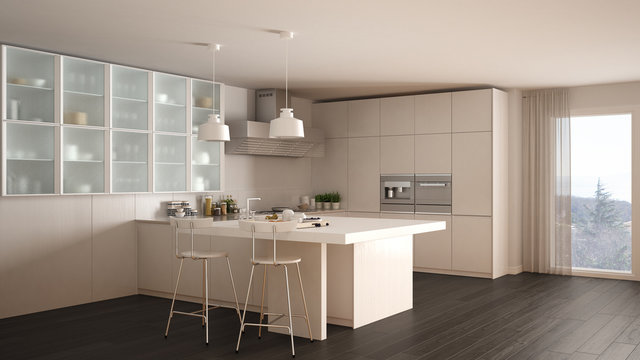 Classic minimal white kitchen with parquet floor, modern interior design