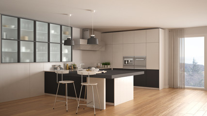 Classic minimal white and gray kitchen with parquet floor, modern interior design