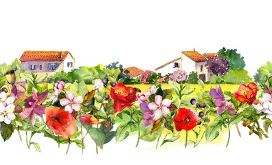 Fototapeta premium Country landscape with meadow flowers, grass, herbs. Watercolor floral border - idyllic rural houses scene. Repeating stripe pattern.
