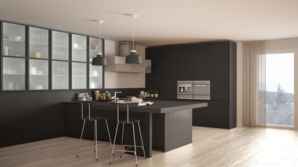 Classic minimal gray kitchen with parquet floor, modern interior design