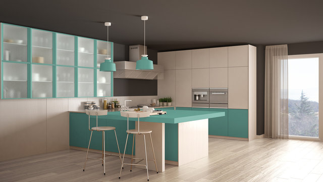Classic minimal white and turquoise kitchen with parquet floor, modern interior design