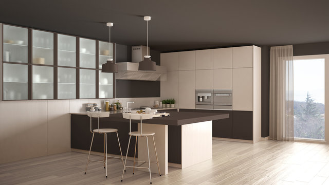 Classic minimal white and brown kitchen with parquet floor, modern interior design