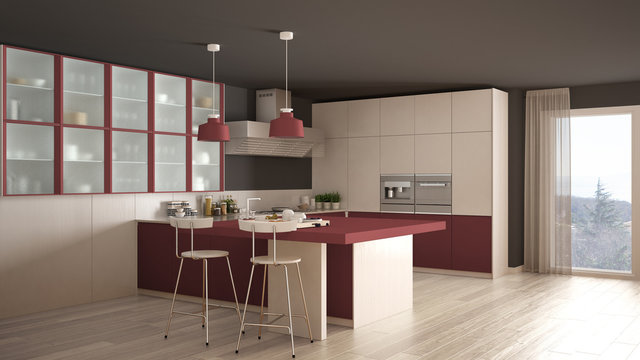 Classic minimal white and red kitchen with parquet floor, modern interior design