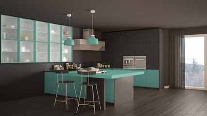 Classic minimal gray and turquoise kitchen with parquet floor, modern interior design