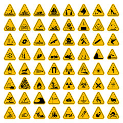 Warning Hazard Triangle Signs Set. Vector illustration. Yellow symbols isolated on white