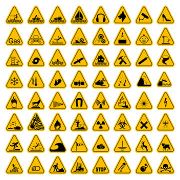 Warning Hazard Triangle Signs Set. Vector illustration. Yellow symbols isolated on white