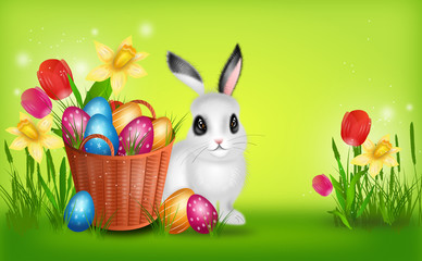 Easter background with basket with pile of easter eggs