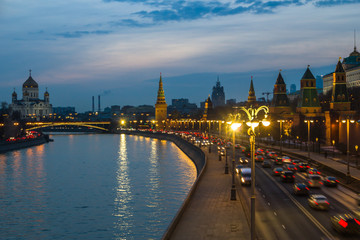 Evening Moscow. The view from the Moskvoretsky bridge the Kremlin and the Kremlin embankment.