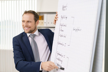 mann präsentiert etwas am flipchart