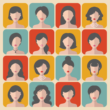 Big vector set of different women app icons in flat style.