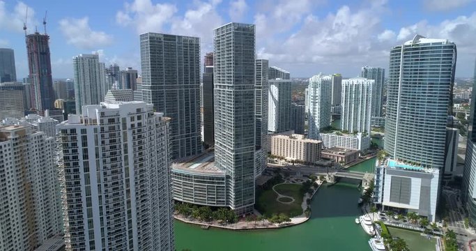 Aerial video highrise architecture Brickell Florida