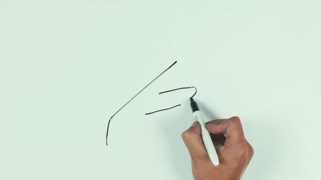 Man caucasian right hand speed draw falling plane using black marker pen on whiteboard and wipe it with cloth. POV, point of view
