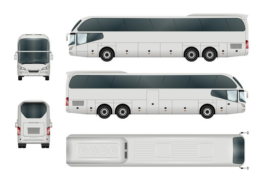 White bus vector template. Tourist coach isolated on white. All elements in the groups have names, the view sides are on separate layers. There is the ability to easily editing.