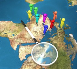 3d people on the world map with magnifying glass on a white background isolated