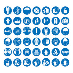 Set of safety and health protection signs. Mandatory construction and industry signs. Collection of safety equipment. Protection on work. Vector illustration
