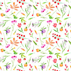 Floral seamless pattern of a wild flowers and herbs on a white background.Buttercup, cornflower, clover, bluebell, lobelia, snowdrop flowers. Watercolor hand drawn illustration.