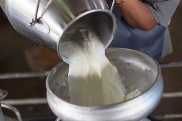 Worker pouring milk into a container for transform.