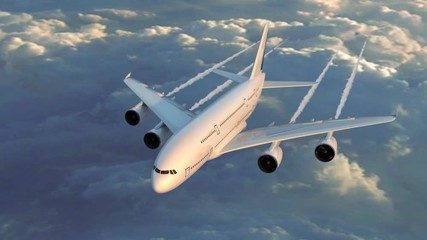 Large jet airplane flying in sunset sky. A beautiful aircraft flying with his trails over the clouds in the flares of the sunset.