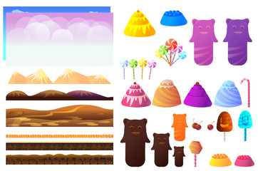 Game sweets pieces, candyland Elements. Vector collection For Video Game