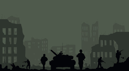 Illustration of the tank, the soldiers and the destruction of the city. - obrazy, fototapety, plakaty