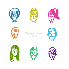 Hand-drawn set of cartoon faces in brush style - doodle collection of colorful avatars.