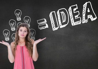 Confused woman gesturing against idea concept on blackboard