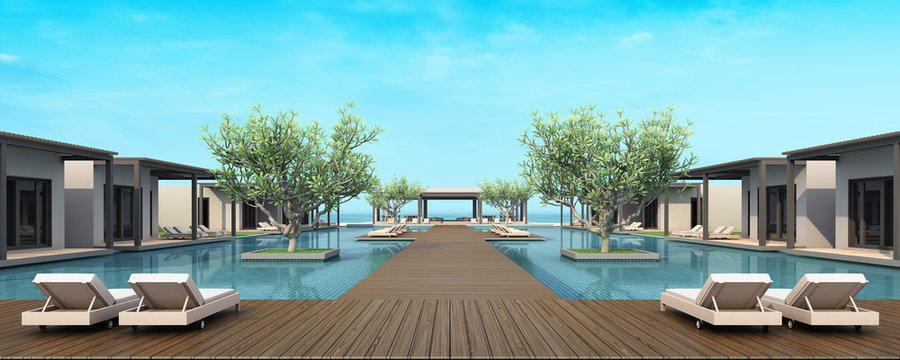 3d rendering Beach Villa Lobby and Living area sea view
