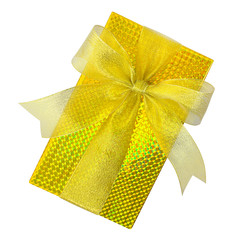 Golden gift box with gold ribbon bow top view isolated on white background, clipping path included
