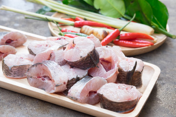 Striped snakehead fish chopped preparing for cooking Tom Yam