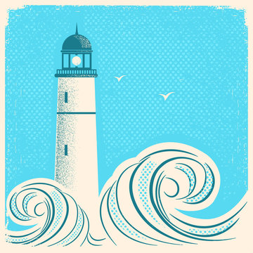 Lighthouse blue poster.Vector seascape image on old paper