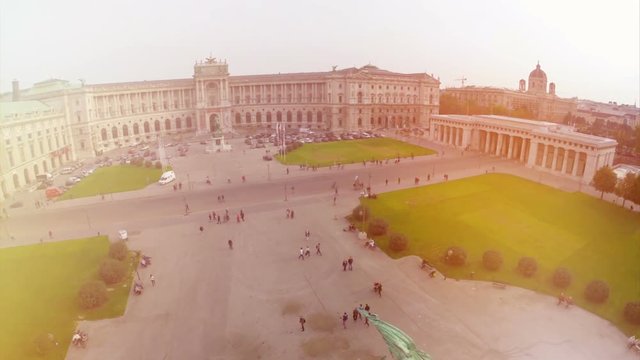 OSCE Headquarters building in Vienna Austria aerial, Europe Security Organization residing in Vienna Hero's square. Political meetings and tourist attraction in Austria capital, council seat fly over