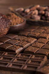Chocolate bar, candy sweet, dessert food on wooden background