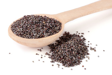 poppy seeds in a wooden spoon isolated on white background