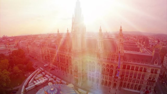 Aerial close-up Rathaus in Vienna, City Council fly over, tourism in Europe. Baroque architecture in urban world, flying over government building, travel sight seeing place in Austria
