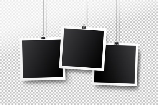 Blank photo frame set hanging on a clip. Retro vintage style. Black empty place for your text or photo. Realistic detailed photo icon design template. Vector illustration. Isolated on transparent back
