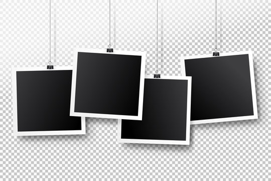Blank photo frame set hanging on a clip. Retro vintage style. Black empty place for your text or photo. Realistic detailed photo icon design template. Vector. Isolated on transparent background.