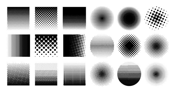 Collection Circle Halftone Element, Monochrome Abstract Graphic For DTP, Prepress Or Generic Concepts. Vector Illustration. Isolated On White Background